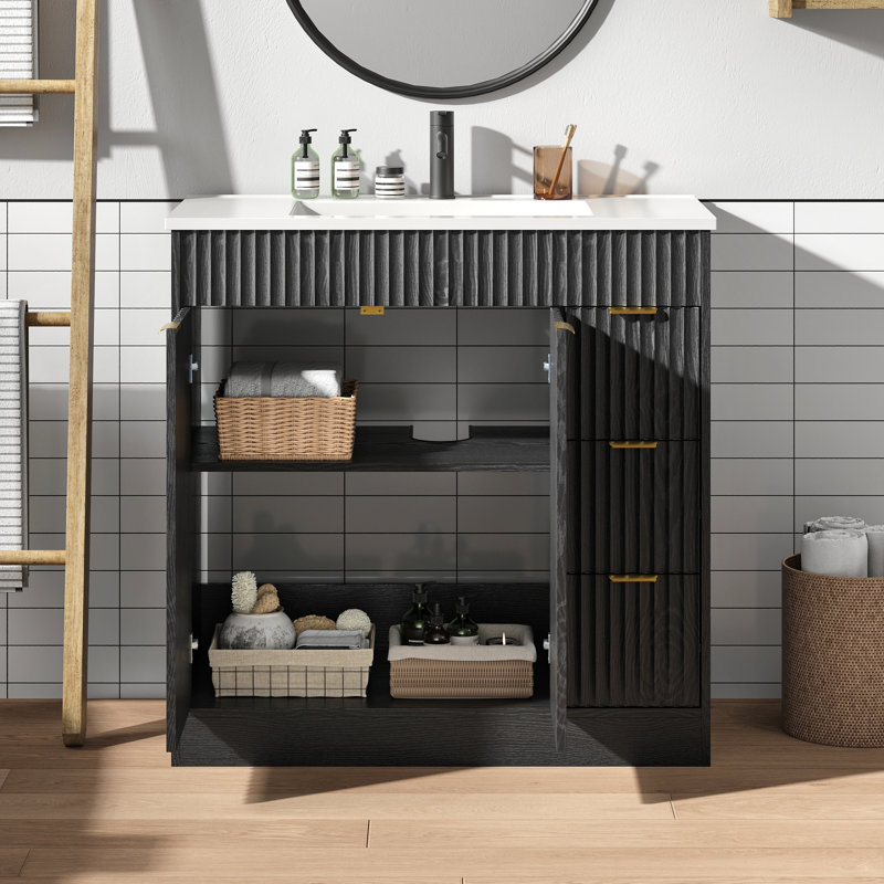 Meuble-lavabo simple en bois avec 3 tiroirs Adonia Modern, Noir, 36"