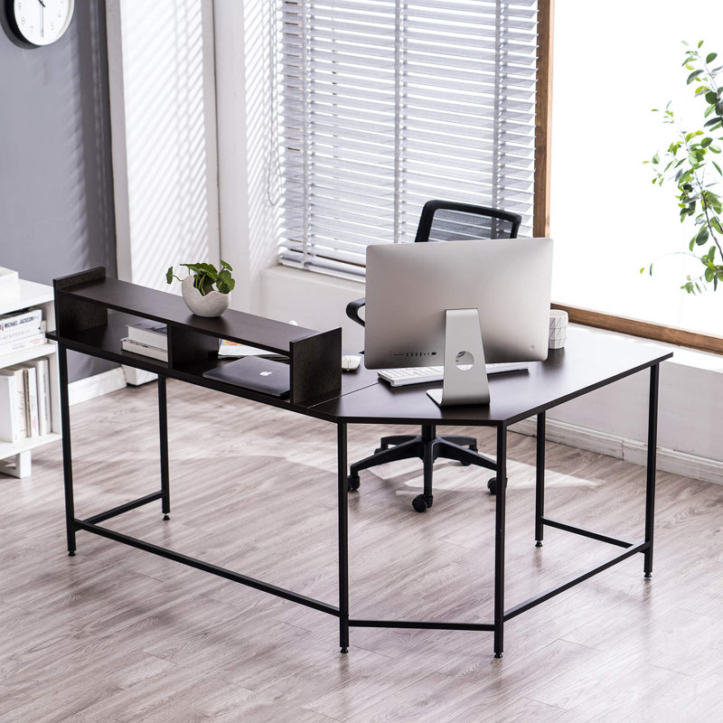 L-Shape Corner Writing Desk with with Monitor Stand, Ebony/Black