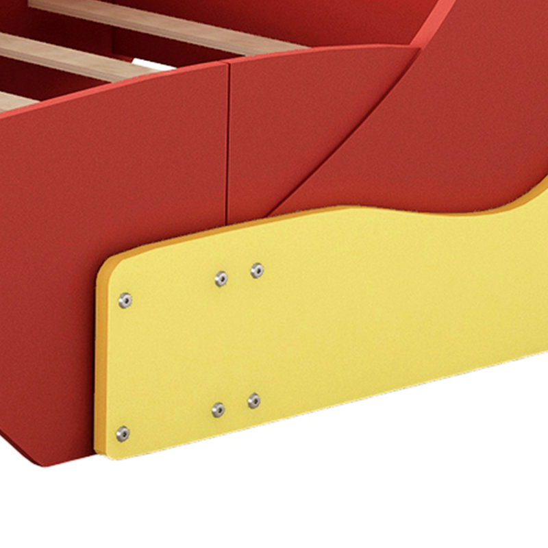 Lit de voiture de course simple rouge sur roulettes, contreplaqué massif et fabrication, rails latéraux pour la prévention des chutes, conception de sommeil confortable, dimensions de 98,7 po x 41,7 po et 26,5 po, assemblage requis, sécurité de qualité,