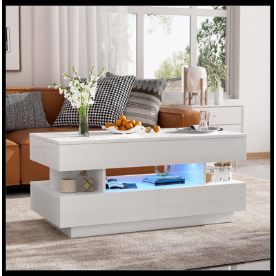 Table basse à plateau relevable avec 2 tiroirs, table basse moderne avec compartiment dissimulé adéquat, table basse à plateau relevable multifonctionnel avec finition ultrabrillante pour le salon