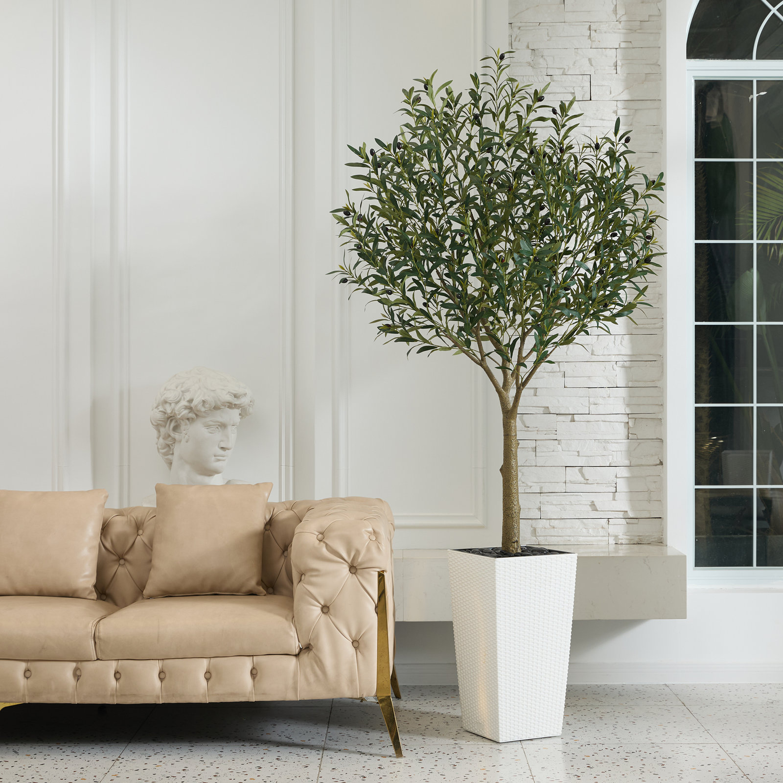 Altera UV Resistant Artificial Olive Tree for Indoor & Outdoor Decor, Large Plastic Base with Pebbles, White