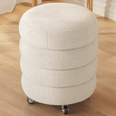 Modern Cream White Vanity Stool, Soft Foam Cushioned Ottoman with Unique Wavy Fabric Surface, Cylindrical Design, Comfortable Seat, Easy to Move, Vers by George Oliver