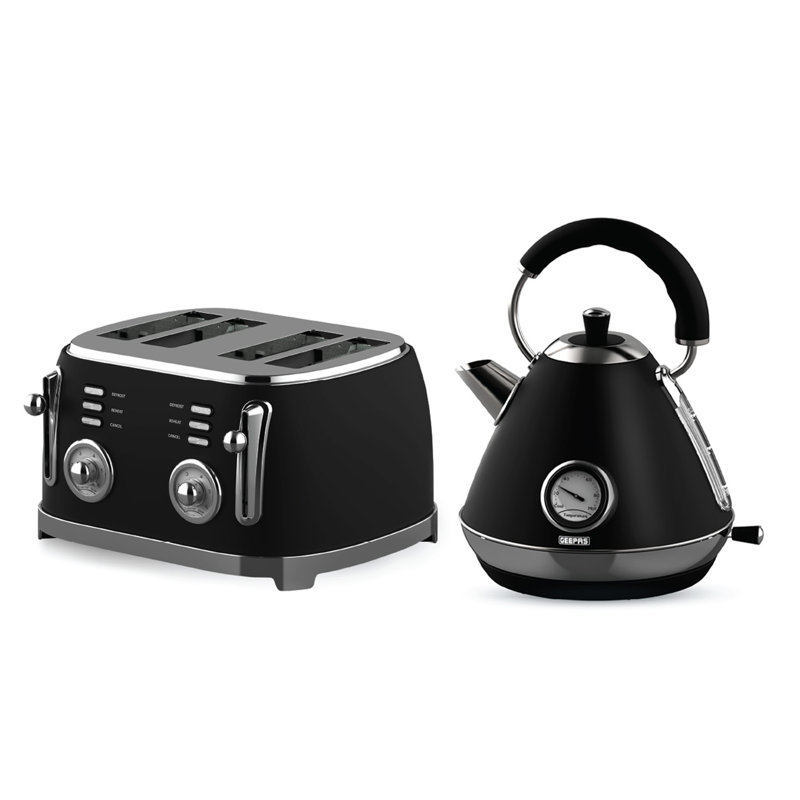 GEEPAS Retrovive 1.7L Electric Kettle & 4 Slice Bread Toaster Kitchen Combo Set | 3000W Vintage Cordless Stainless Steel Kettle Auto Shut-Off, Temperature Gauge | Defrost/Reheat/Cancel 1500W