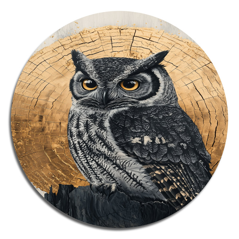 Dalk Owl Into Golden Forest Landscape I - Décoration murale moderne en métal gris, H 36 po x l 36 po
