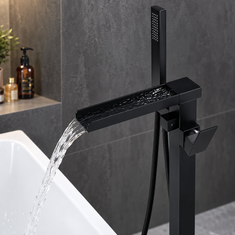 Robinet de baignoire en cascade sur pied VIBRANTBATH, à poignée unique, avec douchette, noir, Noir