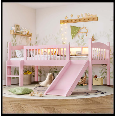 Lit mezzanine simple TG avec tablettes de rangement, lit mezzanine inférieur en bois massif avec lumières DEL et garde-corps pleine longueur, aucun sommier nécessaire, rose
