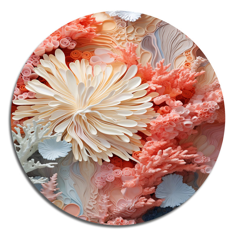 Collage corail rose et blanc IV - animaux, art en métal rond, H 16 po x l 16 po