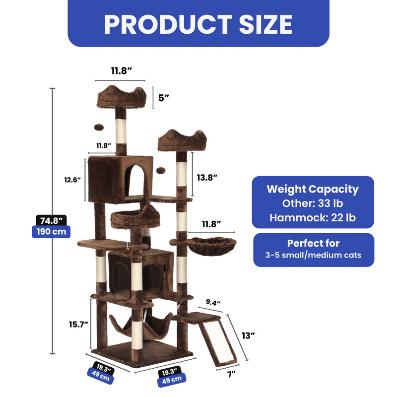 Tour pour arbre à chat à niveaux multiples 74,8 po, Brown