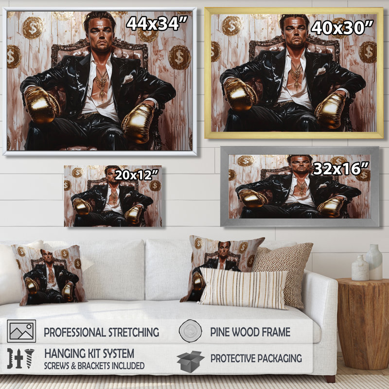 Loup de Wall Street noir - Boxer, Cadre simple blanc, H 34 po x l 44 po