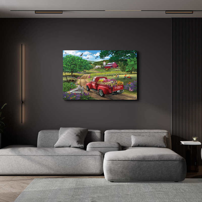 «Country Road (Flower Truck)» par Bigelow, illustrations sur verre acrylique, H 24 po x l 36 po x P 0,2 po