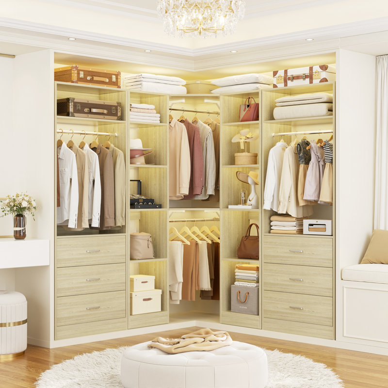 63.2" L X 63.2" W X 80" H Corner Closet System,Freestanding Closet Organizer System With 6 Drawers & 12 Shelves, White Wood