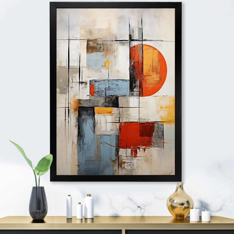 «Orange and Blue Cubism Assemblage - Abstract Collages», reproduction d'art, H 20 po x l 12 po x P 1 po, Cadre simple noir