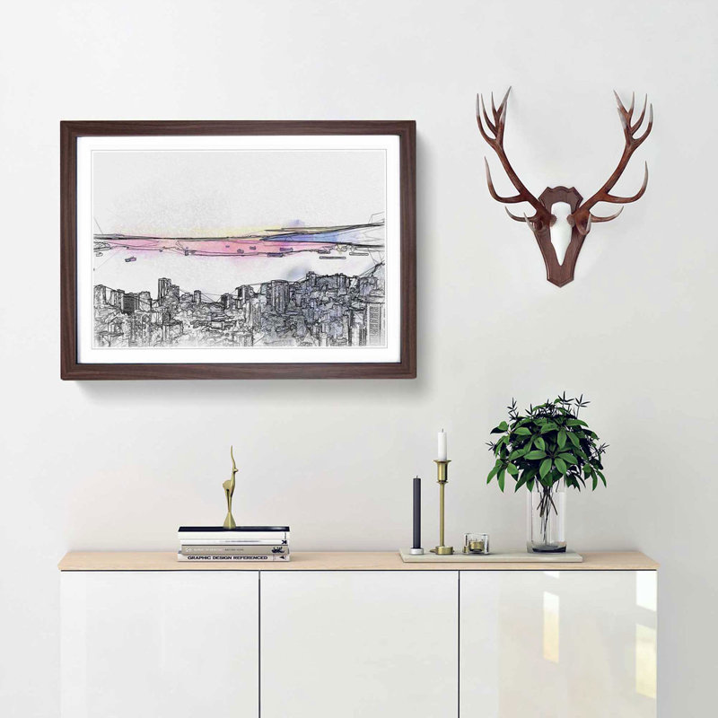 Vancouver Canada Skyline in Abstract - Picture Frame Graphic Art Print, 50cm H x 76cm W x 2cm D, Walnut