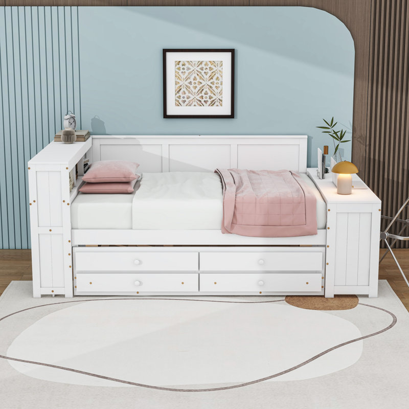 Full Wood Daybed with Twin Trundle, LED Light, 3 Drawers and Charging Station, White