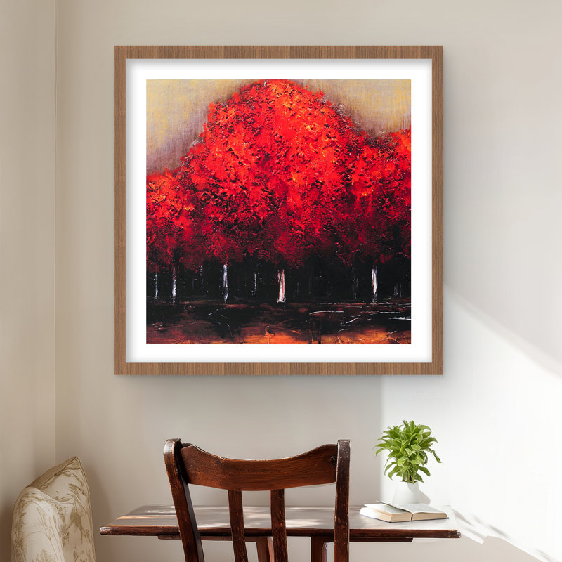 Red Dark Trees - Framed Matted Print for Home Decor, Brown, 24" H x 24" W