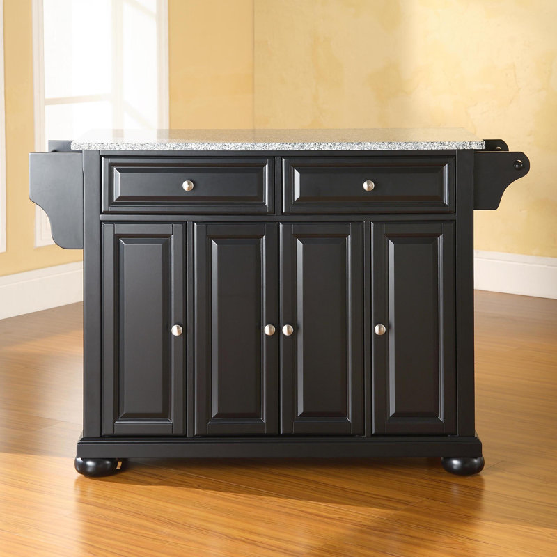 Monty 51.5" Kitchen Island with Granite Top and Locking Wheels, Black