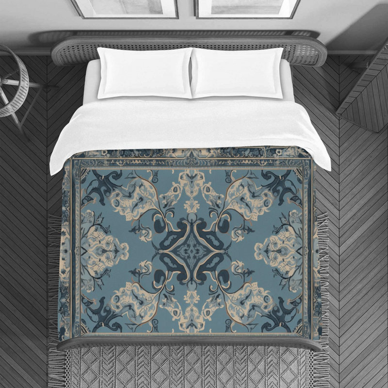 Machine Printed Duvet Cover, Twin Duvet Cover, Blue Oushak