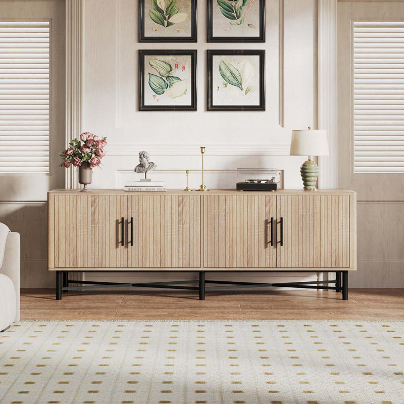 Armoire de rangement décorative 4 portes avec tablettes réglables, Naturel