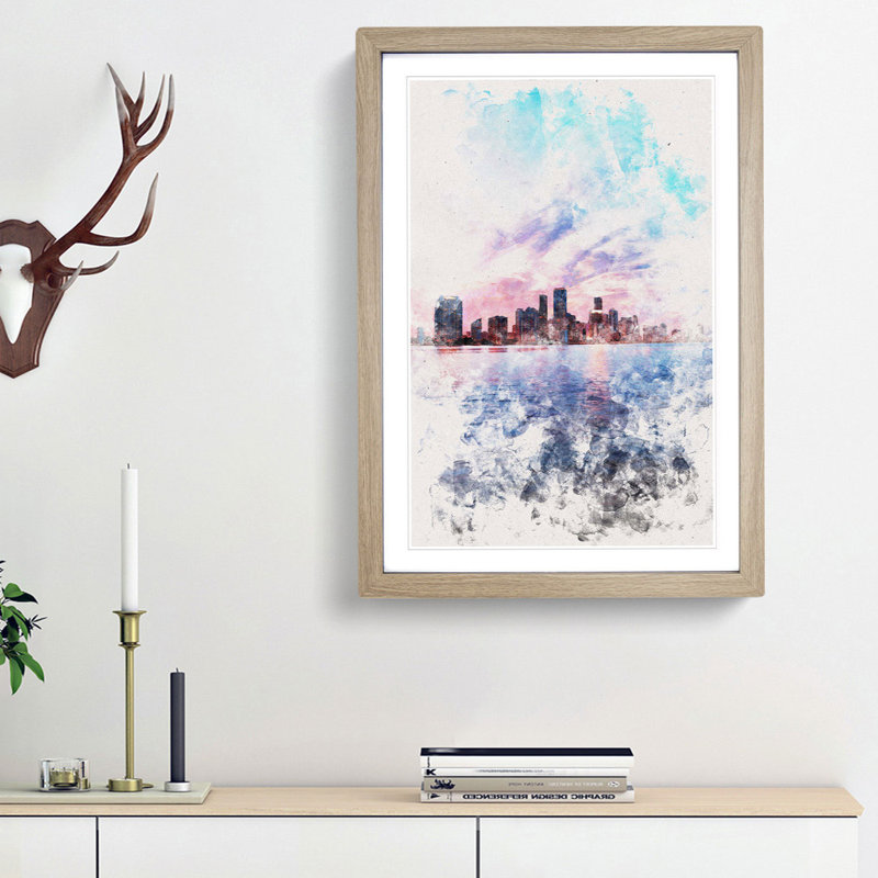 Miami Florida Skyline - Picture Frame Painting Print, Oak Framed, 63cm H x 45cm W x 2cm D