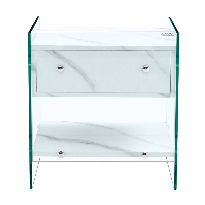 Table de chevet avec rangement de tiroir - plateau de table, côtés en verre trempé transparent, étapes d'assemblage simples, idéale pour la maison et les espaces de travail avec tiroirs avec finition de grain de table blanc, pieds, Design Living