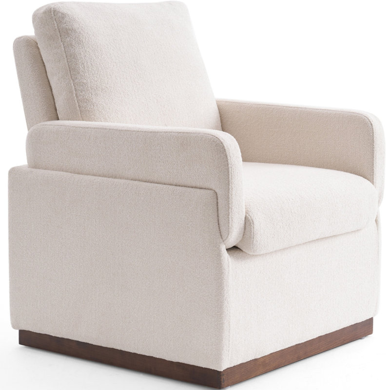 Modern Upholstered Armchair, Boucle Fabric Accent Chair with Pillow Back, Living Room Chair with Solid Wood Base, White