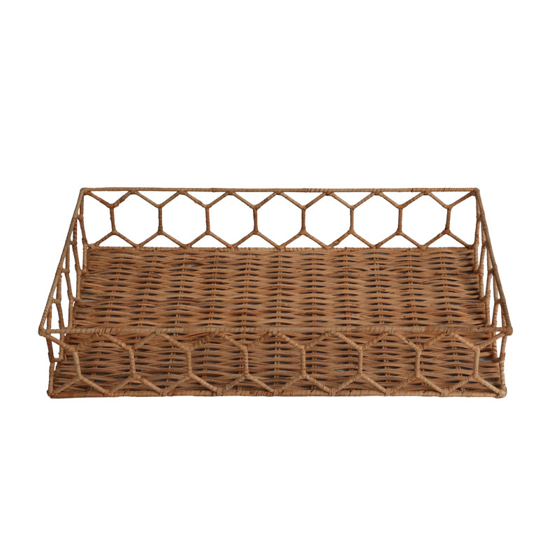 Honeycomb 19.75" Rustic Bohemian Hand-Woven Rattan Tray, Light Brown