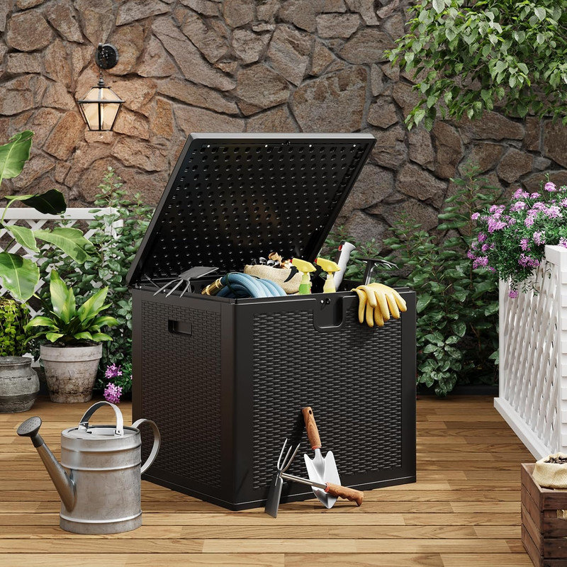 Boîte de rangement en résine imperméable 80 gallons avec texture en rotin, rangement verrouillable résistant aux rayons UV pour le patio, le jardin et l'intérieur