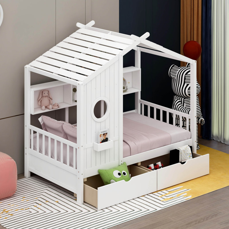 Vidoje Kids Bed with Storage Shelf, Twin, White