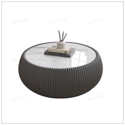 Luxury Light Marble Top Drum Shape Leather Coffee Table for Modern Living Room Furniture, Durable and Elegant