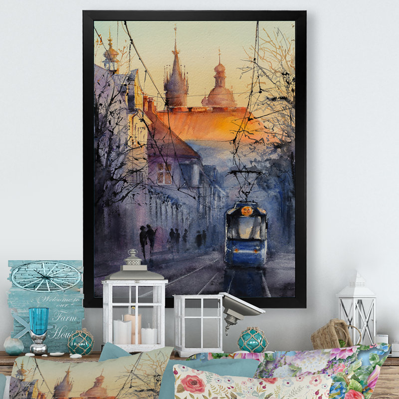 Reproduction de cadre photo sur toile, "Blue-pass par Eastern European City", Toile avec cadre photo noir