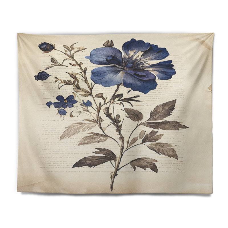 Tapisserie en polyester fleur bleue rétro, H 32 po x l 39 po