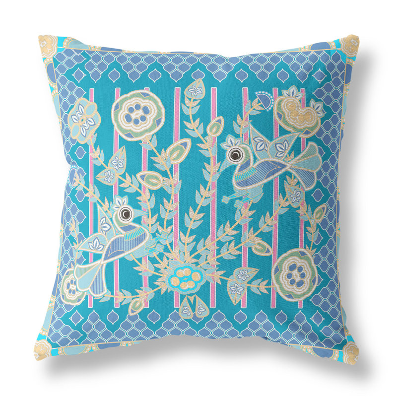 Floral Outdoor Reversible Throw Pillow, Blue/Gold/Green, 16" x 16"