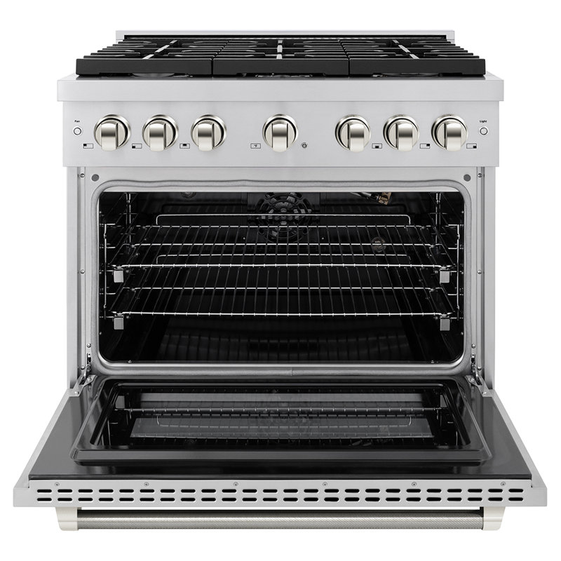 ZLINE Autograph 36 in. Paramount Gas Range in Stainless Steel with Polished Nickel Helix Handle, Polished Nickel