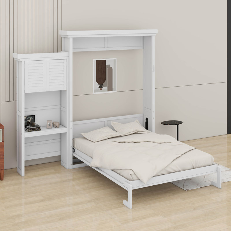Grand lit escamotable avec tablettes, Blanc