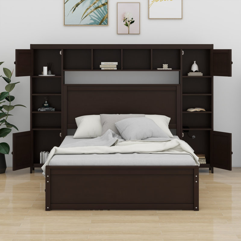 Lit en bois avec armoire tout-en-un, tablette et prises, lit gigogne, Espresso