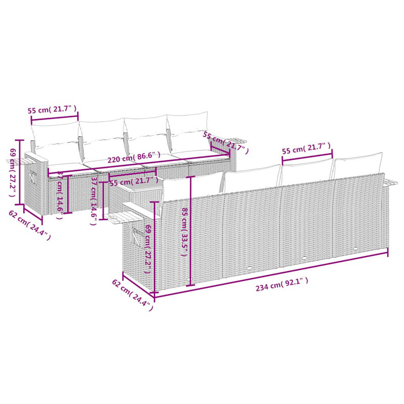  Ensemble de canapé de patio 9 pièces avec coussins en rotin de polyester gris (États-Unis seulement)