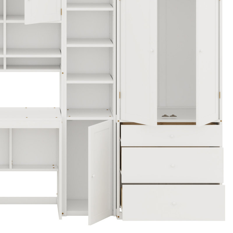 Lit plateforme moderne avec bureau, armoire, armoires et tiroirs pour un rangement maximal, Blanc