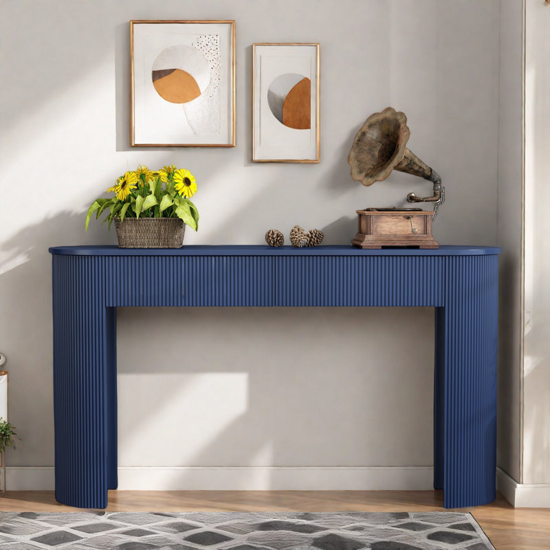 Modern Console Table With Oval Top, 2 Drawers And Fluted Design, Navy