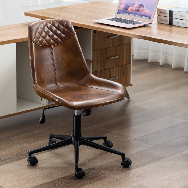Keavey 23" Wide Leather Mid Back Mid-Century Modern Office Chair , Black, Brown