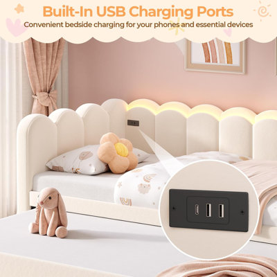 Lit de coin simple avec bibliothèque et rangement dissimulé dans la tête de lit, lit de jour simple avec 3 tiroirs, éclairage DEL et station de recharge, cadre de lit plateforme rembourré avec éclairage DEL pour chambre à coucher, gain de place, blanc