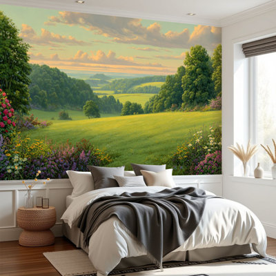 Papier peint adhésif Peel and Stick Serene Spring Meadow Vibrant Wildflowers Rolling Hills Under Bright