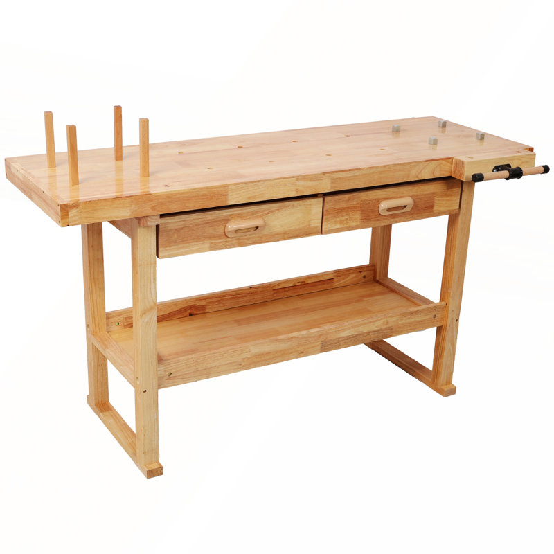 Établi professionnel en bois d'hévéa avec 2 tiroirs et tablette ouverte