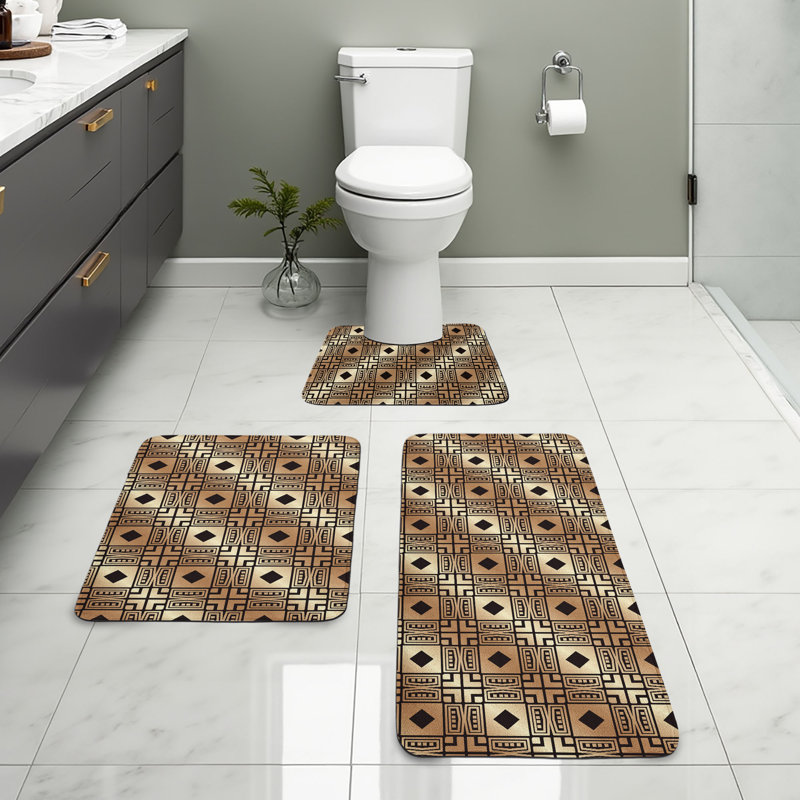  Ensemble de 3 tapis de salle de bain Art Deco brun foncé et brun clair