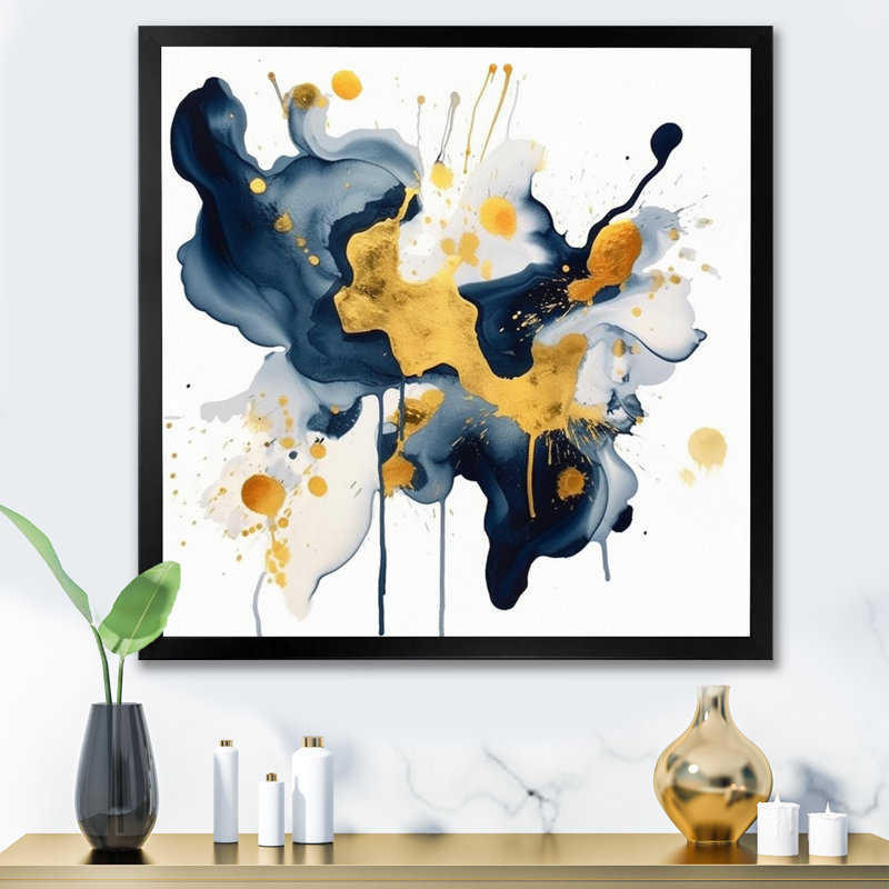 Bleu foncé et coups dorés XXII, H 36 po x l 36 po x P 1,5 po, Cadre simple noir