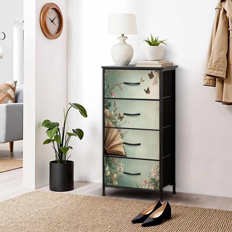 4 Drawer Dresser for Bedroom, Narrow Chest of Drawers, Wooden Top and Study Iron Frame 18"x37.5"-(WxH)