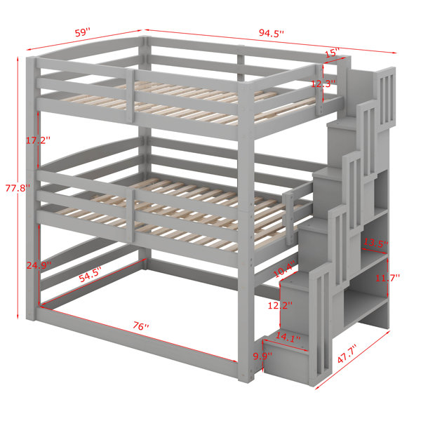 Harriet Bee Full Size Triple Bunk Bed With Stairs And Storage, Solid ...
