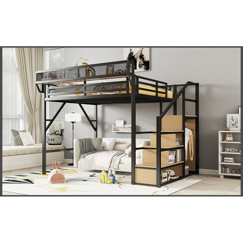 Grand lit mezzanine en métal avec escalier de rangement, garde-robe intégrée, tablettes de rangement