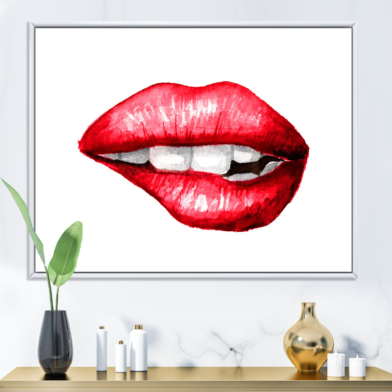 Lèvres mordantes et sexy - Peinture sur toile, Cadre flottant blanc, H 30 po x l 40 po x 1,5 po