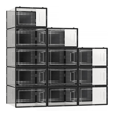 12 Pack Large Shoe Organizer Storage Boxes,Shoe Boxes Clear Stackable Display Case with Lids, Black