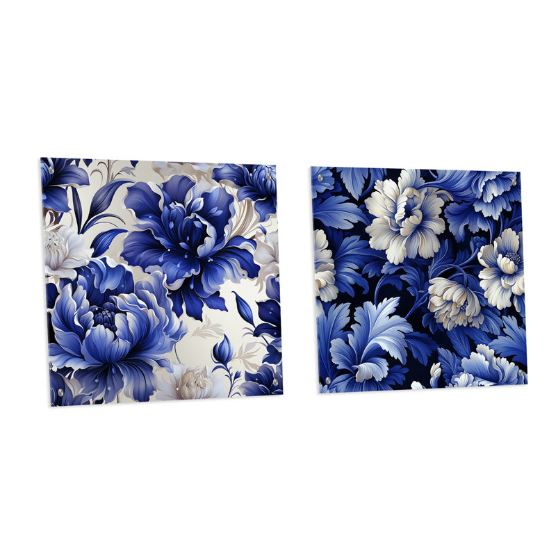 Motif damassé victorien bleu cobalt - ensemble d'art mural en acrylique sur verre floral, H 30 po x l 61 po